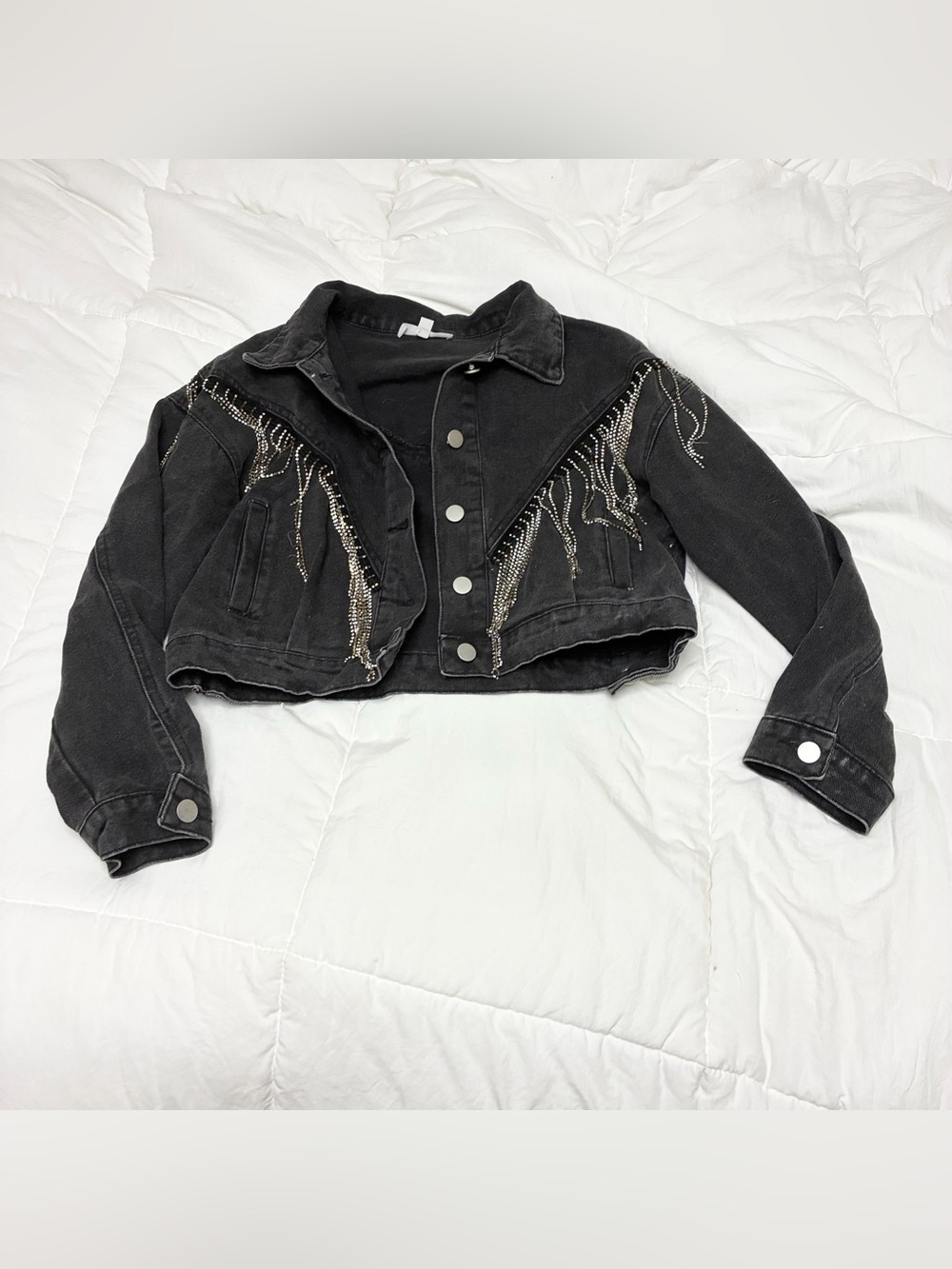 Sweet Generis Rhinestone Fringe Black Cropped Denim Jacket
